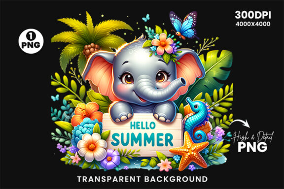 Summer Sublimation Elephant Clipart PNG | Sublimation Design