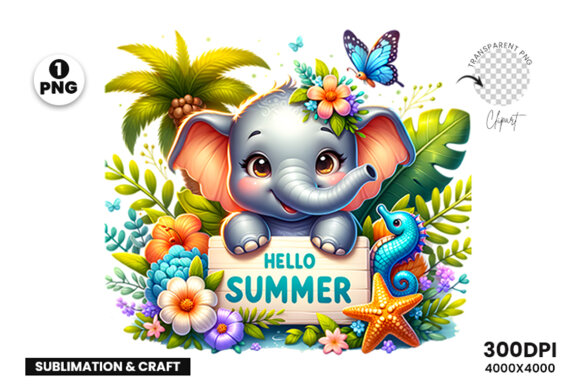 Summer Sublimation Elephant Clipart PNG | Sublimation Design