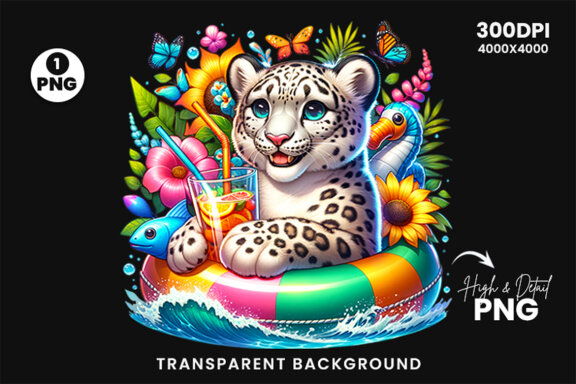 Summer Beach Snow Leopard Sublimation Clipart PNG Design