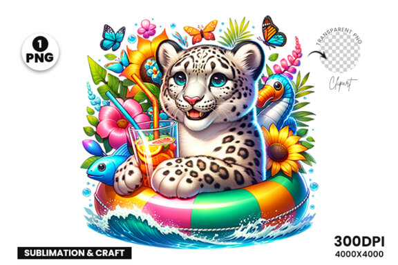 Summer Beach Snow Leopard Sublimation Clipart PNG Design