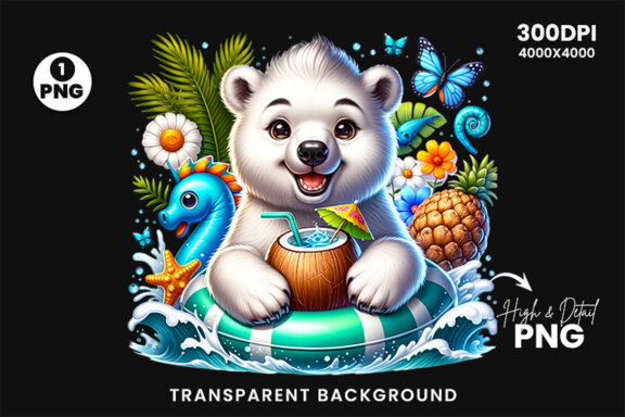 Summer Beach Polar Bear Clipart PNG, Sublimation Clipart PNG