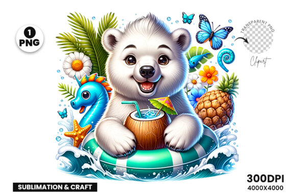 Summer Beach Polar Bear Clipart PNG, Sublimation Clipart PNG