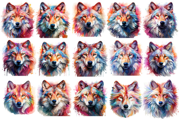 Watercolor wolf illustration sublimation clipart PNG bundle