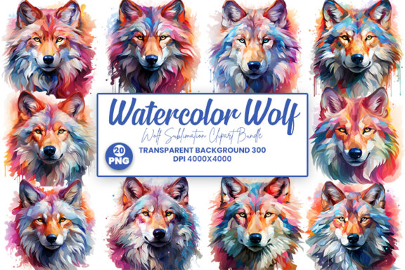 Watercolor wolf illustration sublimation clipart PNG bundle