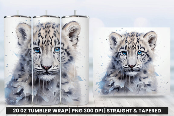Watercolor Snow Leopard Tumbler Wrap Sublimation PNG Bundle