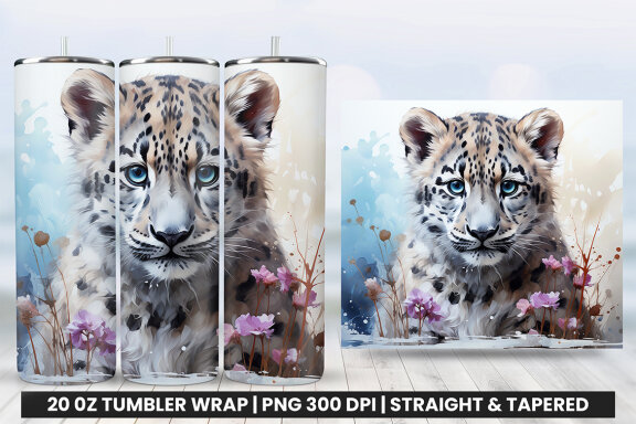 Watercolor Snow Leopard Tumbler Wrap Sublimation PNG Bundle