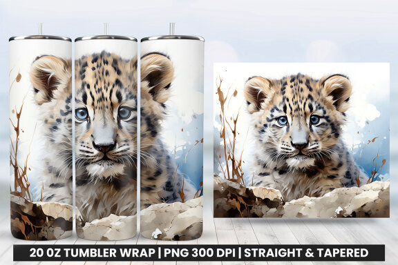 Watercolor Snow Leopard Tumbler Wrap Sublimation PNG Bundle
