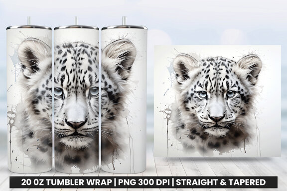 Watercolor Snow Leopard Tumbler Wrap Sublimation PNG Bundle