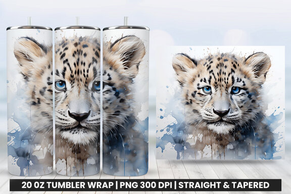 Watercolor Snow Leopard Tumbler Wrap Sublimation PNG Bundle