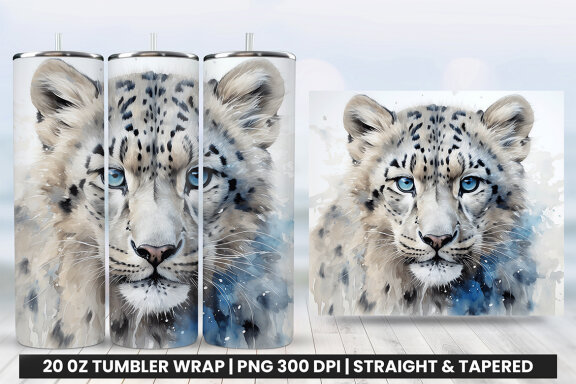 Watercolor Snow Leopard Tumbler Wrap Sublimation PNG Bundle