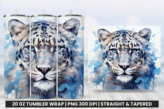 Watercolor Snow Leopard Tumbler Wrap Sublimation PNG Bundle