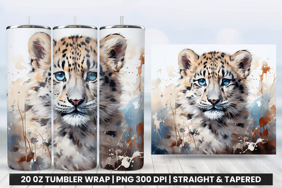 Watercolor Snow Leopard Tumbler Wrap Sublimation PNG Bundle