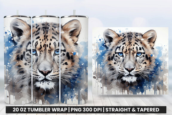 Watercolor Snow Leopard Tumbler Wrap Sublimation PNG Bundle