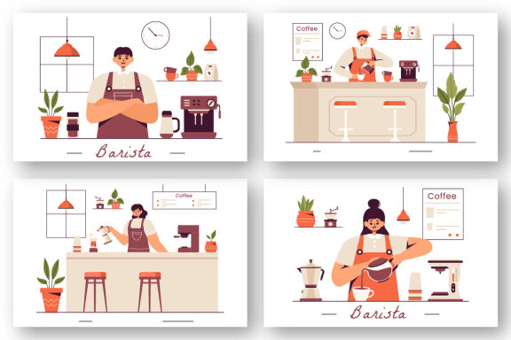 9 Barista Making Coffee FREE Illustrations