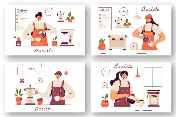 9 Barista Making Coffee FREE Illustrations