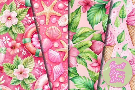 Pack Of 10 Digital Papers - Pink Summer Fresh In Watercolor