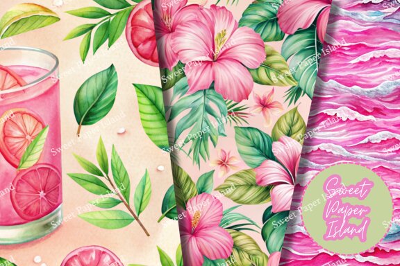 Pack Of 10 Digital Papers - Pink Summer Fresh In Watercolor