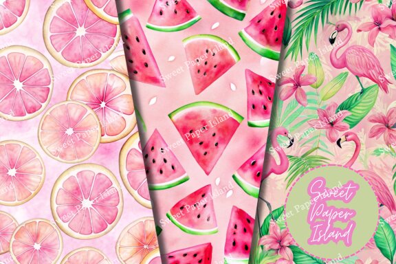 Pack Of 10 Digital Papers - Pink Summer Fresh In Watercolor