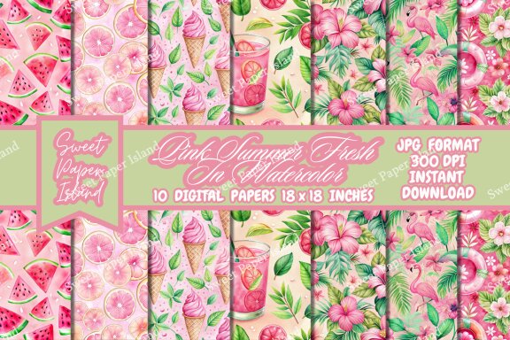 Pack Of 10 Digital Papers - Pink Summer Fresh In Watercolor