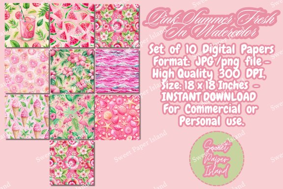 Pack Of 10 Digital Papers - Pink Summer Fresh In Watercolor