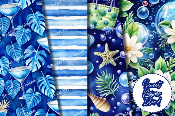 Pack Of 10 Digital Papers - Blue And Cool Summer In Watercolor 