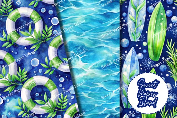 Pack Of 10 Digital Papers - Blue And Cool Summer In Watercolor 