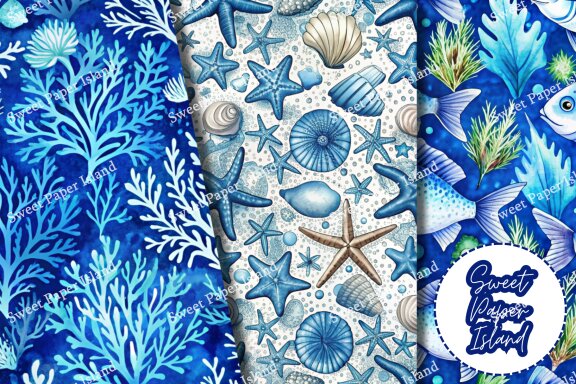 Pack Of 10 Digital Papers - Blue And Cool Summer In Watercolor 