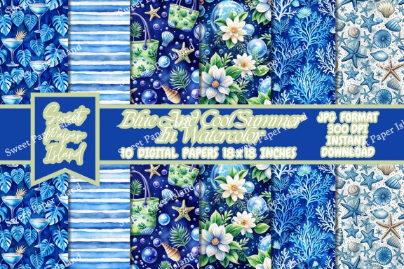 Pack Of 10 Digital Papers - Blue And Cool Summer In Watercolor 