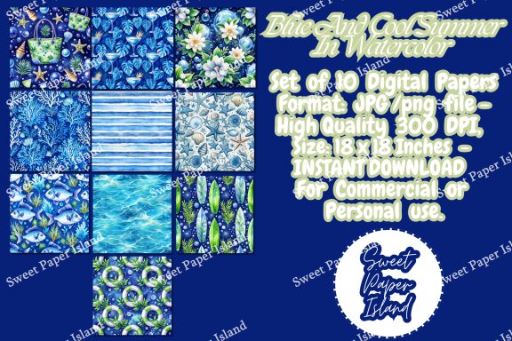 Pack Of 10 Digital Papers - Blue And Cool Summer In Watercolor 