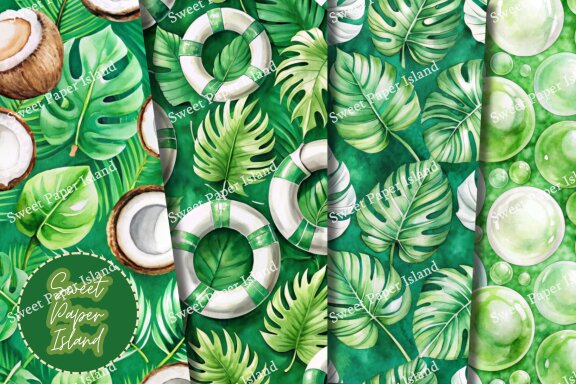 Pack Of 10 Digital Papers - Green Summer Tropical In Watercolors