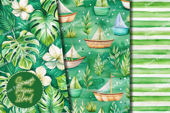Pack Of 10 Digital Papers - Green Summer Tropical In Watercolors