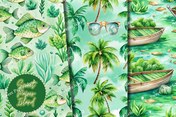 Pack Of 10 Digital Papers - Green Summer Tropical In Watercolors