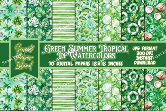 Pack Of 10 Digital Papers - Green Summer Tropical In Watercolors