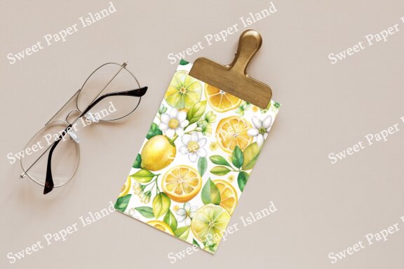 Pack Of 12 Digital Papers - Yellow Fresh Lemonade Garden In Watercolors