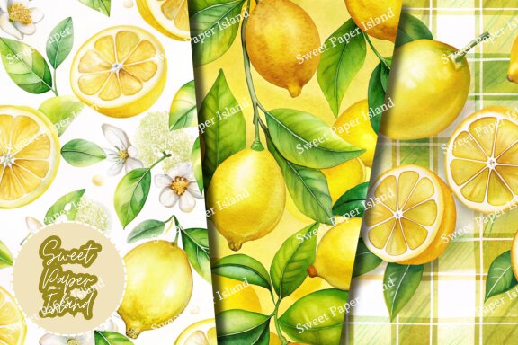 Pack Of 12 Digital Papers - Yellow Fresh Lemonade Garden In Watercolors