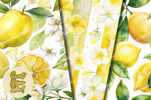 Pack Of 12 Digital Papers - Yellow Fresh Lemonade Garden In Watercolors