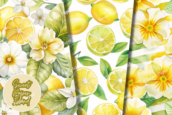 Pack Of 12 Digital Papers - Yellow Fresh Lemonade Garden In Watercolors