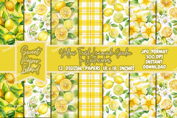 Pack Of 12 Digital Papers - Yellow Fresh Lemonade Garden In Watercolors