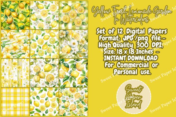 Pack Of 12 Digital Papers - Yellow Fresh Lemonade Garden In Watercolors