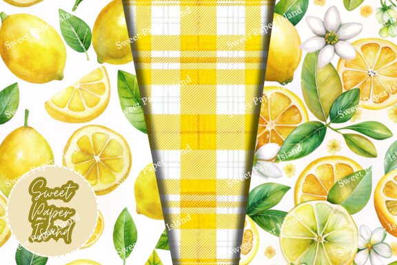 Pack Of 12 Digital Papers - Yellow Fresh Lemonade Garden In Watercolors