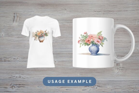 set of watercolor illustrations of vases and flowers