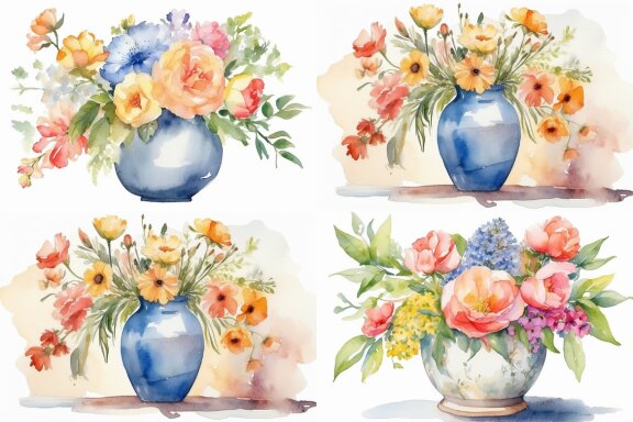 set of watercolor illustrations of vases and flowers