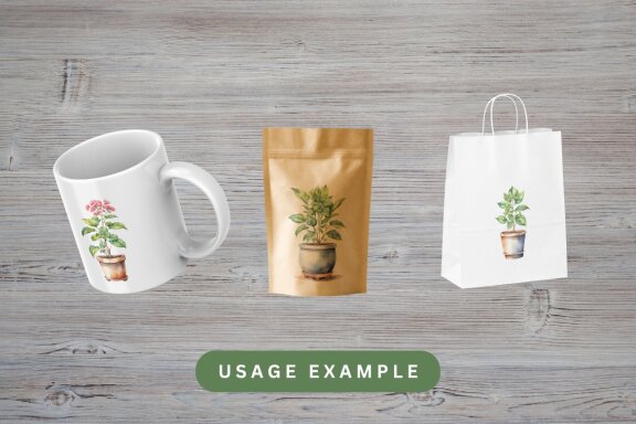 Set watercolor illustration of plants in pot