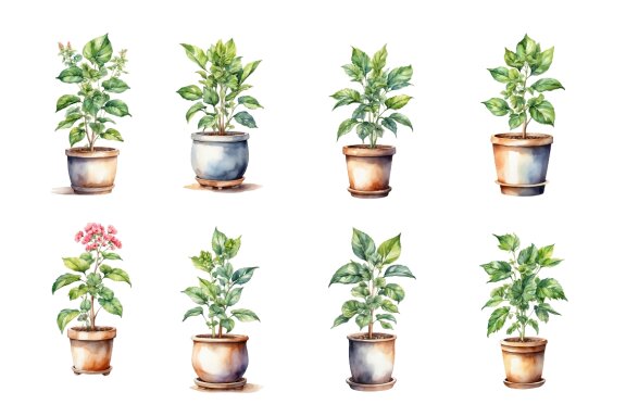 Set watercolor illustration of plants in pot
