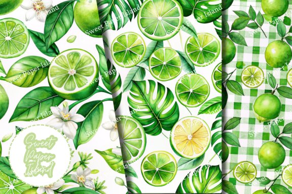 Pack Of 10 Digital Papers - Green Lemonade In Watercolor 