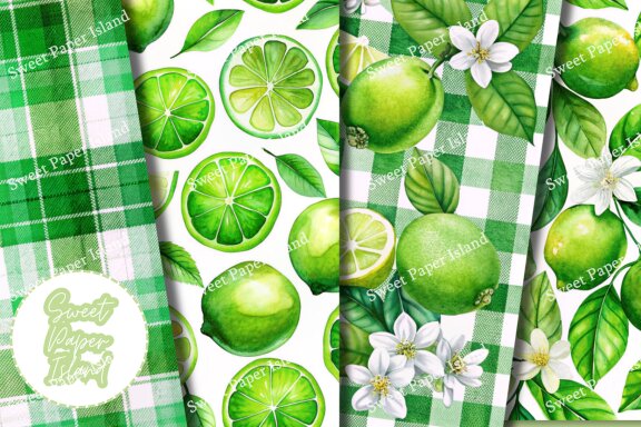 Pack Of 10 Digital Papers - Green Lemonade In Watercolor 