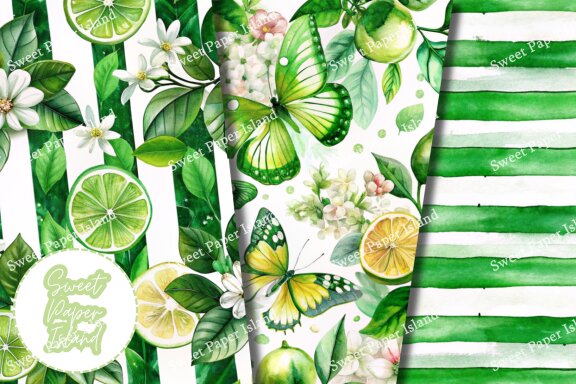 Pack Of 10 Digital Papers - Green Lemonade In Watercolor 