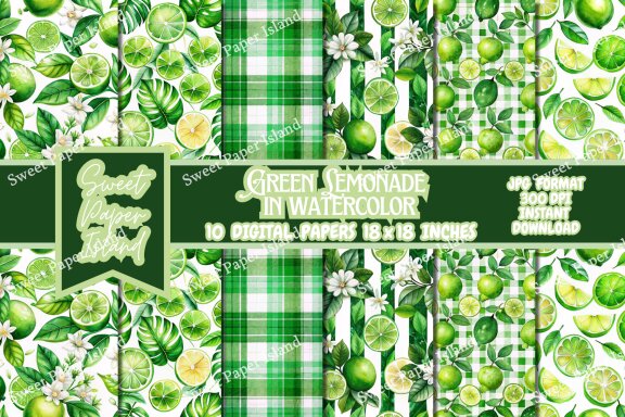 Pack Of 10 Digital Papers - Green Lemonade In Watercolor 