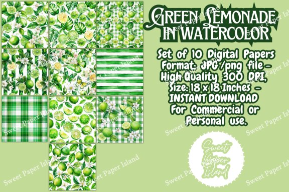 Pack Of 10 Digital Papers - Green Lemonade In Watercolor 