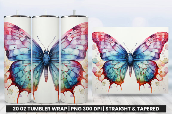 Watercolor Butterfly Tumbler Wrap, Tumbler Wrap Sublimation Design